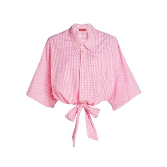 Denimist Front Tie Gingham Top Shirt Womens Medium Pink White Short Sleeve Crop - Picture 1 of 13
